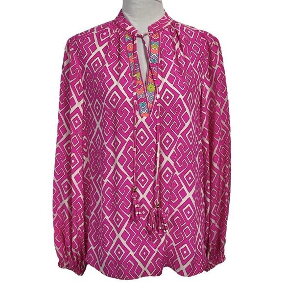 Alice & Trixie Oversized Silk Blouse Top Size M Tassel Hot Pink Neon Resort Boho - Picture 1 of 15